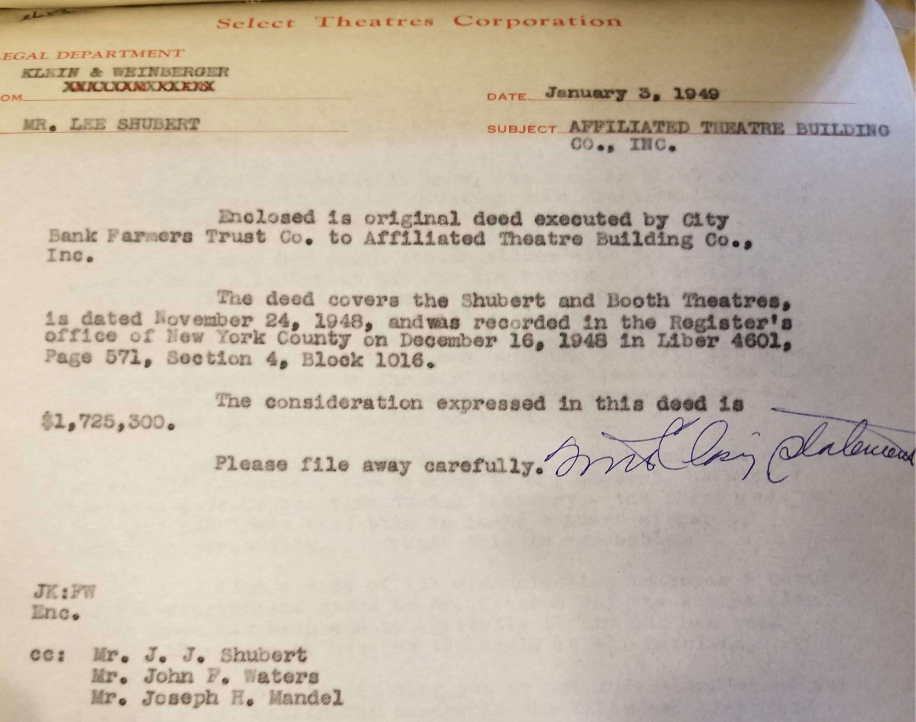 1939 Shubert Booth Purchase